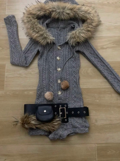 Grey Hooded Knit Dress with Belt Y2K Dress