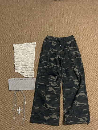 Beige Knit Halter and Camo Wide Leg Pants Y2K Two Pieces Sets
