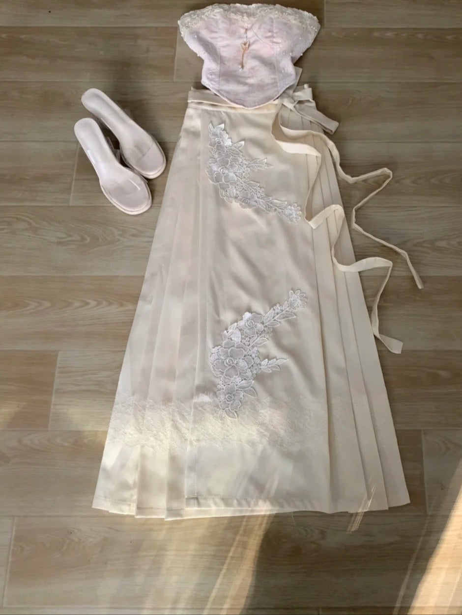 Beige Lace Bustier Top and Maxi Skirt Y2K Two Pieces Sets