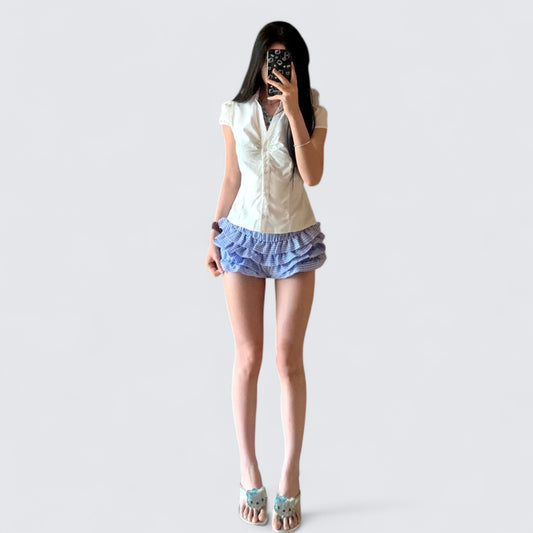 White Collar Top and Blue Cake Mini Dress Y2K Two Pieces Sets