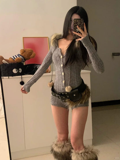 Grey Hooded Knit Dress with Belt Y2K Dress