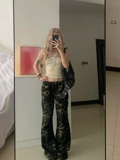 Beige Knit Halter and Camo Wide Leg Pants Y2K Two Pieces Sets