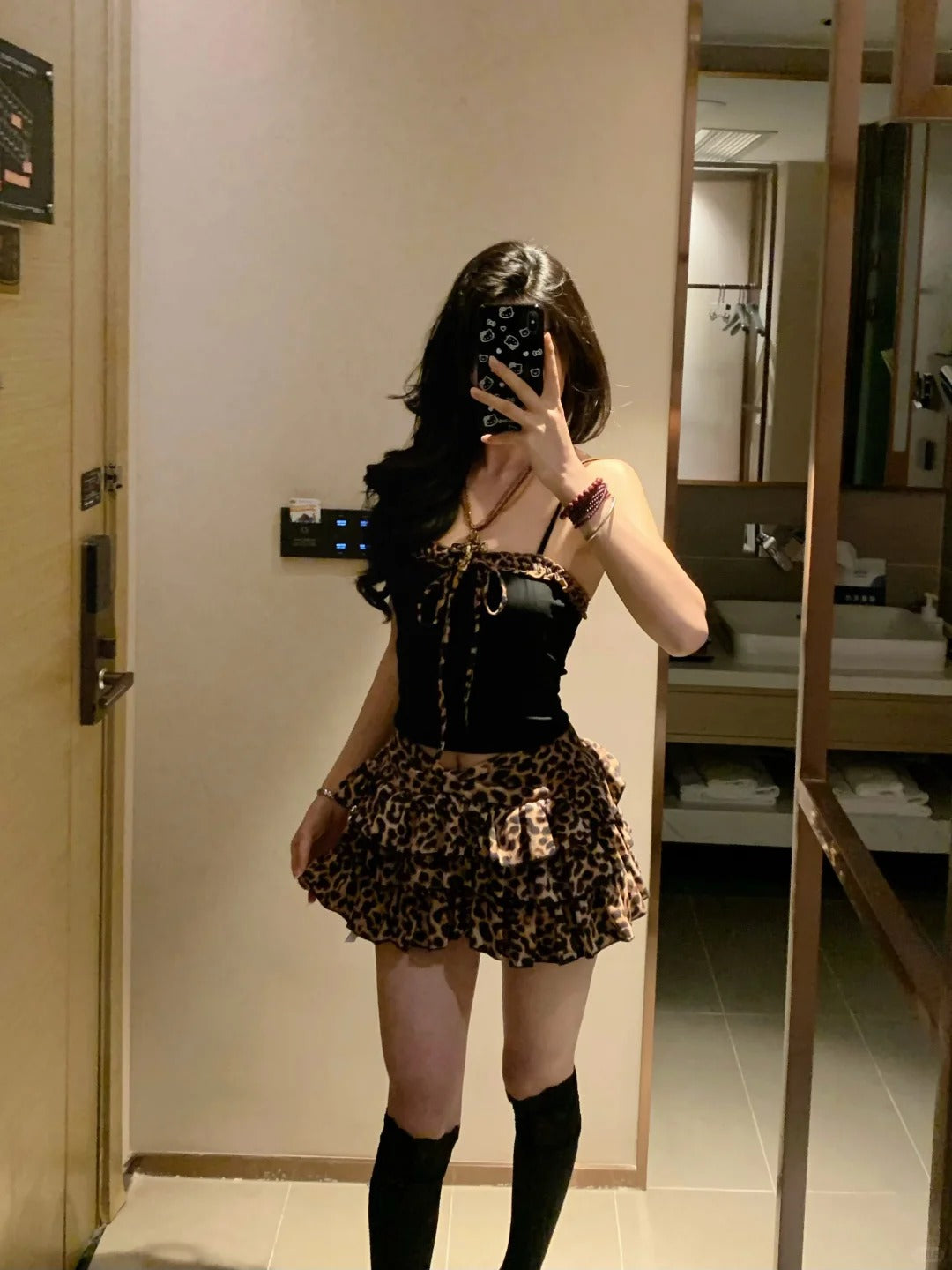 Black Leopard Splice Top and Skirt Y2K Two Pieces Sets