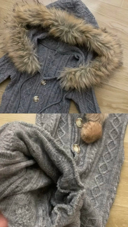 Grey Hooded Knit Dress with Belt Y2K Dress