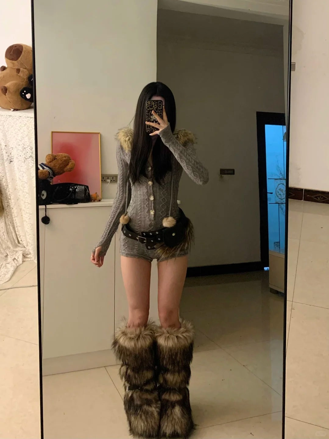 Grey Hooded Knit Dress with Belt Y2K Dress