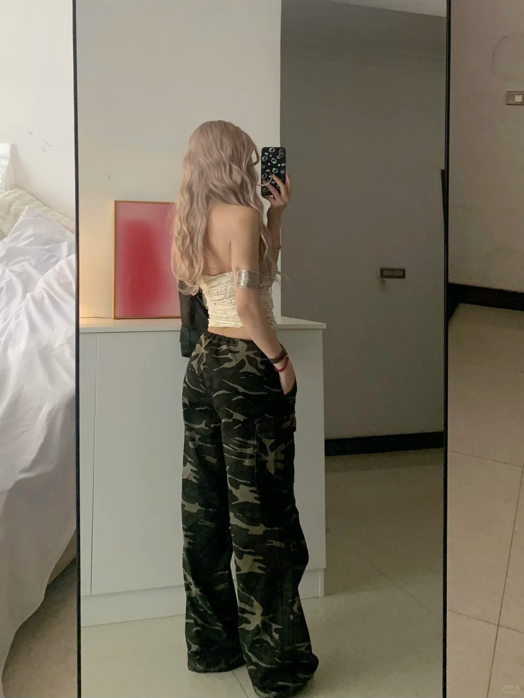 Beige Knit Halter and Camo Wide Leg Pants Y2K Two Pieces Sets