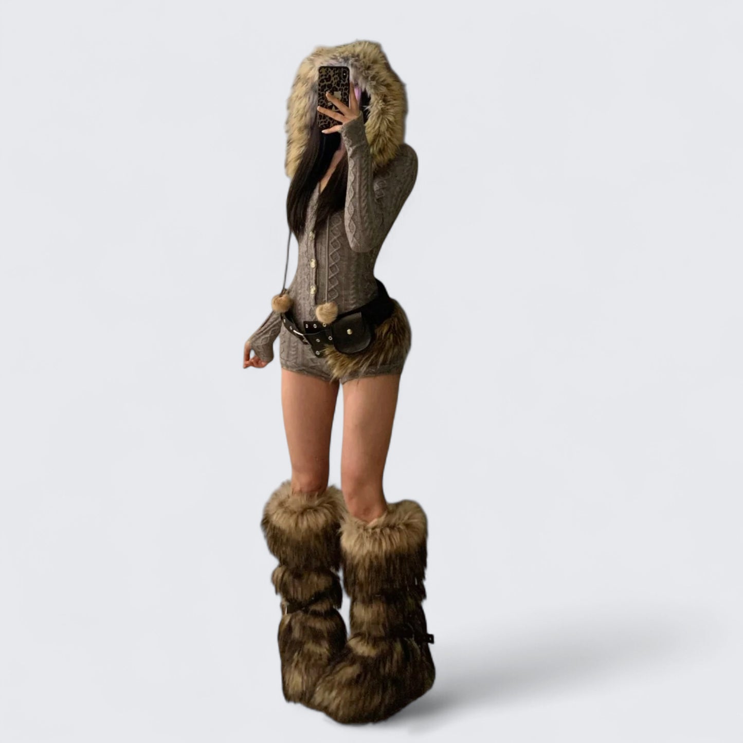 Grey Hooded Knit Dress with Belt Y2K Dress