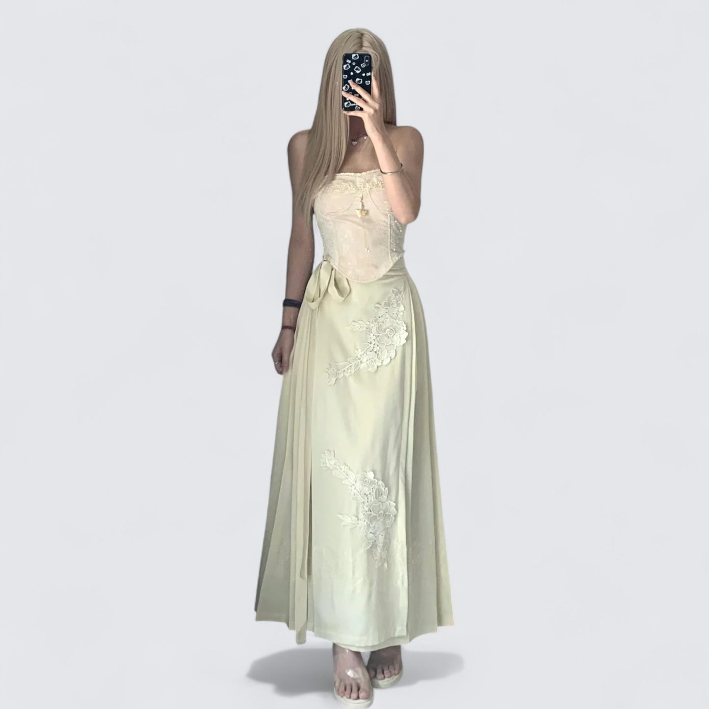 Beige Lace Bustier Top and Maxi Skirt Y2K Two Pieces Sets