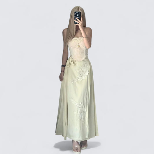 Beige Lace Bustier Top and Maxi Skirt Y2K Two Pieces Sets