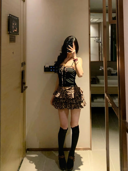 Black Leopard Splice Top and Skirt Y2K Two Pieces Sets