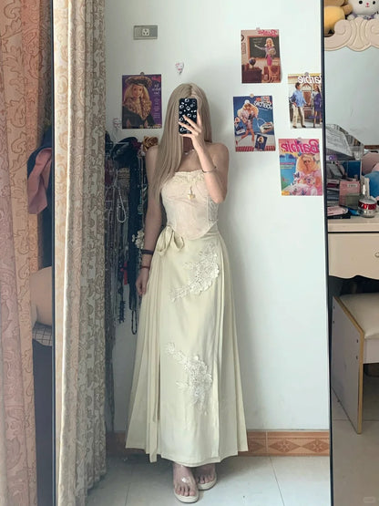 Beige Lace Bustier Top and Maxi Skirt Y2K Two Pieces Sets