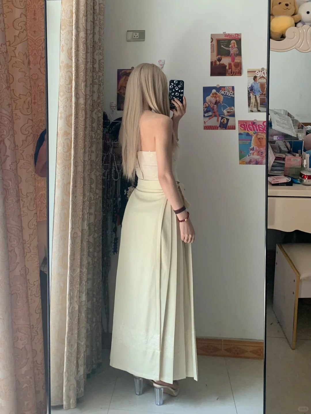 Beige Lace Bustier Top and Maxi Skirt Y2K Two Pieces Sets