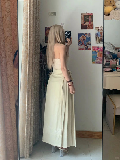 Beige Lace Bustier Top and Maxi Skirt Y2K Two Pieces Sets