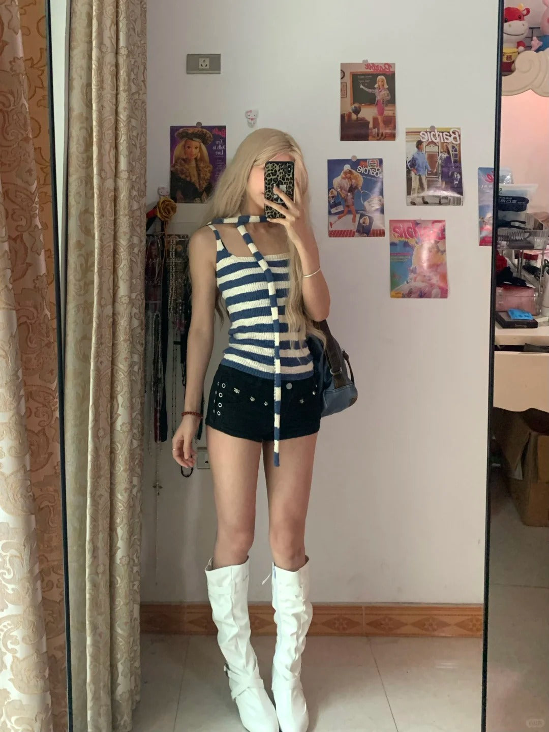 Blue White Striped Knit Halter and Decorative Shorts Y2K Two Pieces Sets