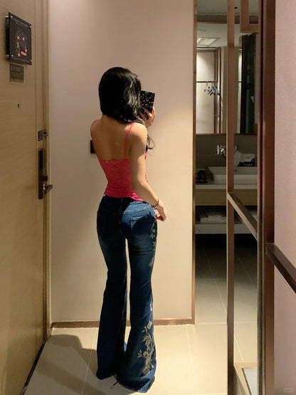 Pink Lace Cami and Embroidered Jeans Y2K Two Pieces Sets