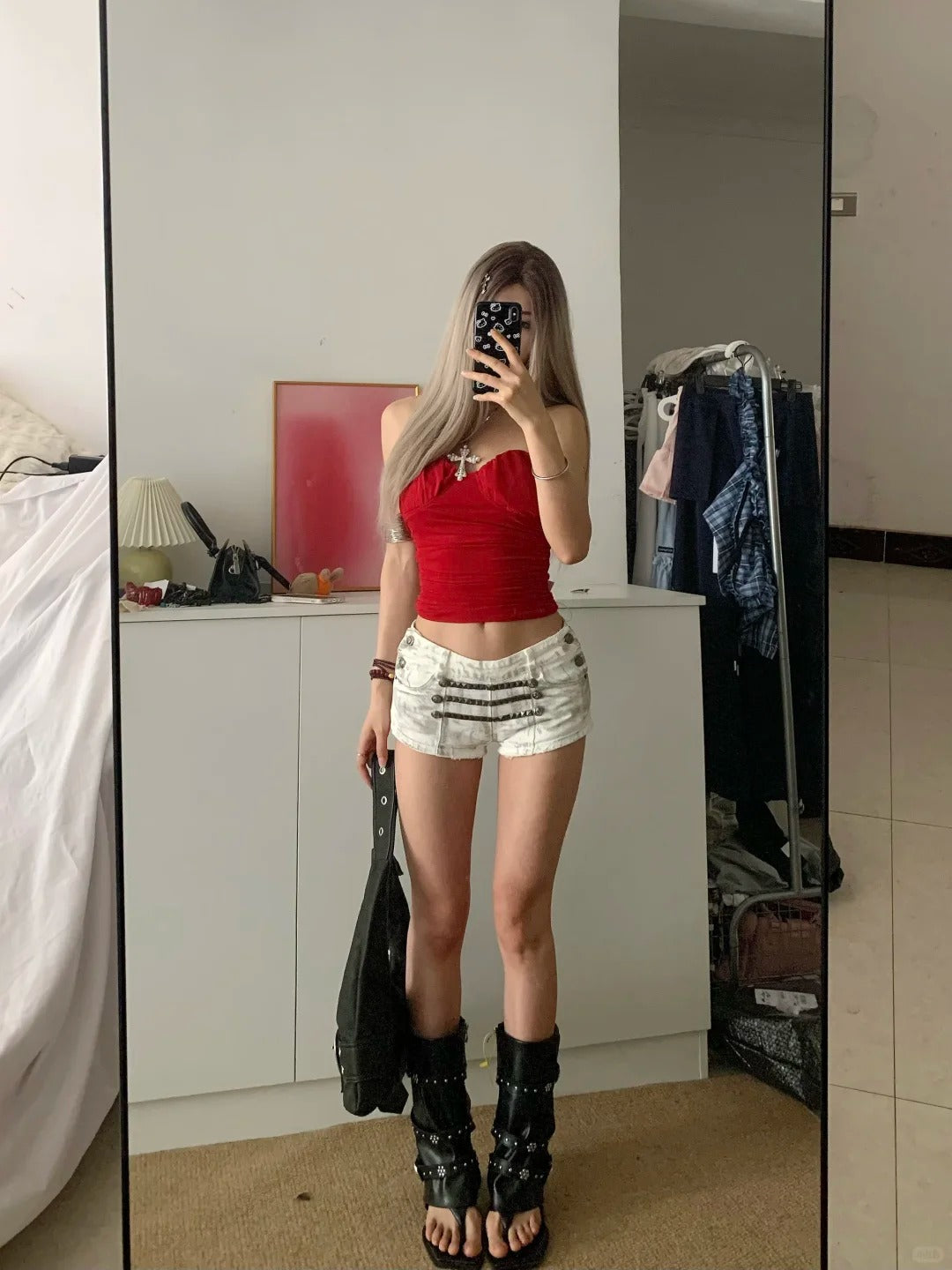 Red One Shoulder Crop and White Denim Shorts Y2K Two Pieces Sets