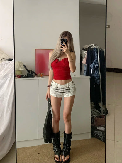 Red One Shoulder Crop and White Denim Shorts Y2K Two Pieces Sets