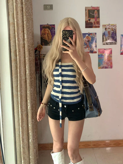 Blue White Striped Knit Halter and Decorative Shorts Y2K Two Pieces Sets