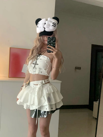 White Lace Bustier and Layered Ruffle Skirt Y2K Two Pieces Sets