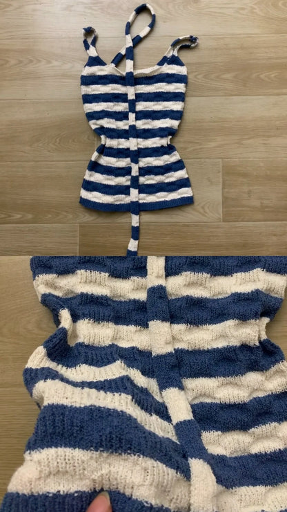 Blue White Striped Knit Halter and Decorative Shorts Y2K Two Pieces Sets