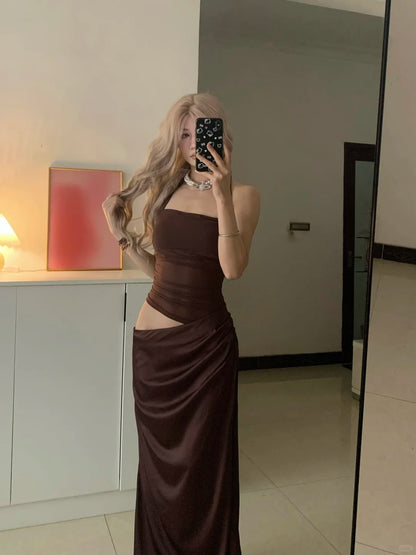 Dark Brown Bustier Maxi Dress Y2K Midi Dress