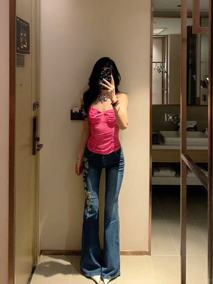 Pink Lace Cami and Embroidered Jeans Y2K Two Pieces Sets