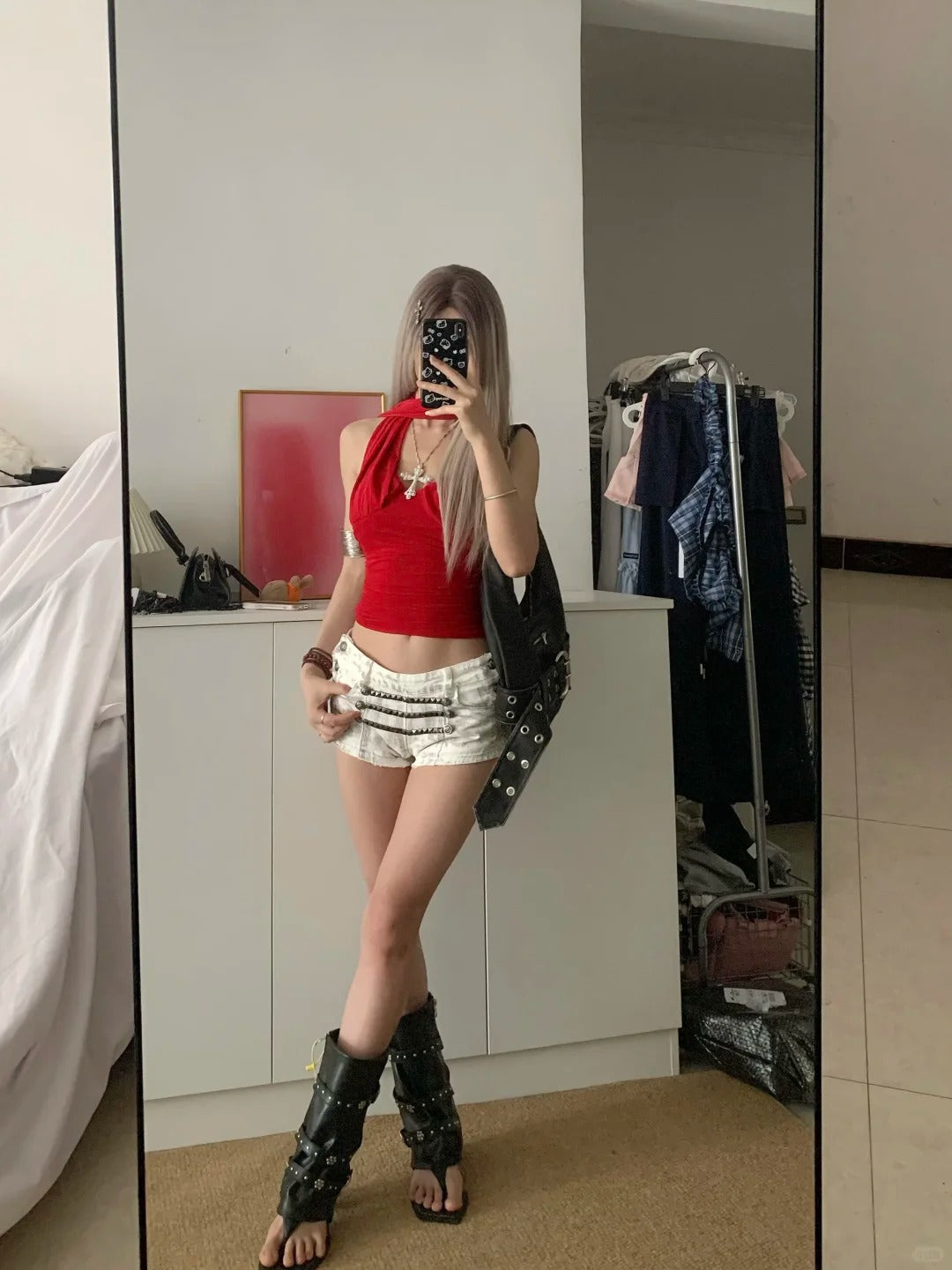 Red One Shoulder Crop and White Denim Shorts Y2K Two Pieces Sets