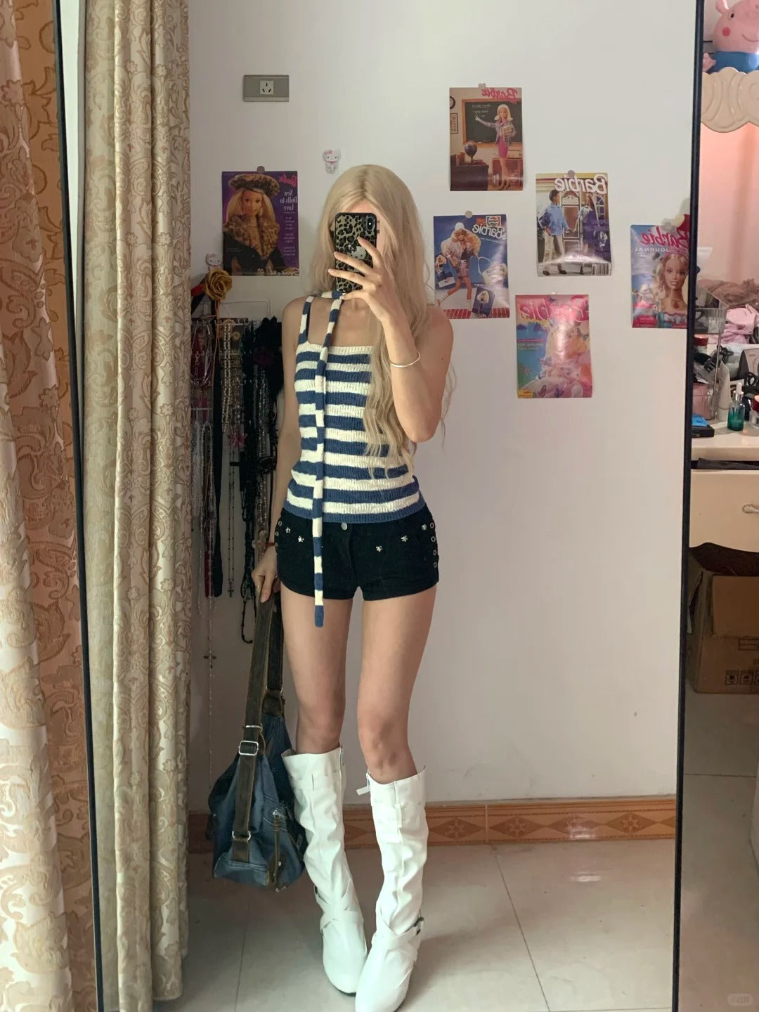 Blue White Striped Knit Halter and Decorative Shorts Y2K Two Pieces Sets