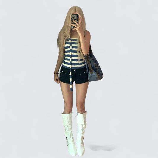 Blue White Striped Knit Halter and Decorative Shorts Y2K Two Pieces Sets