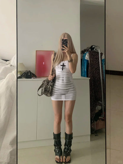 White Body Print Tight Mini Dress Y2K Mini Dress