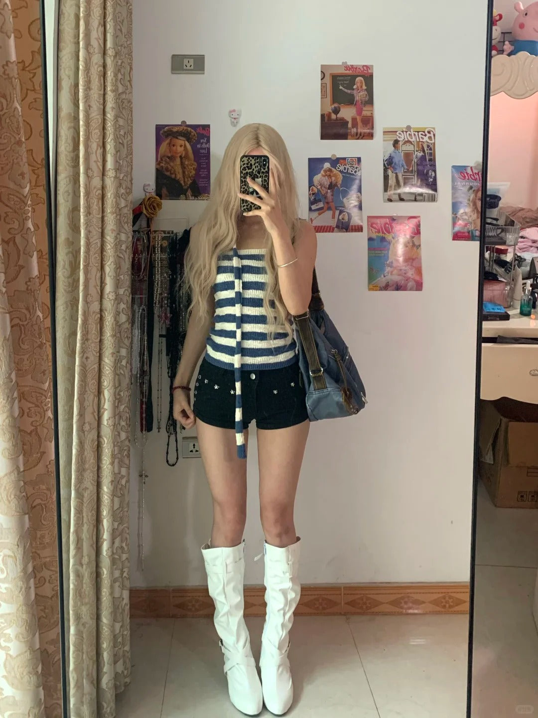 Blue White Striped Knit Halter and Decorative Shorts Y2K Two Pieces Sets