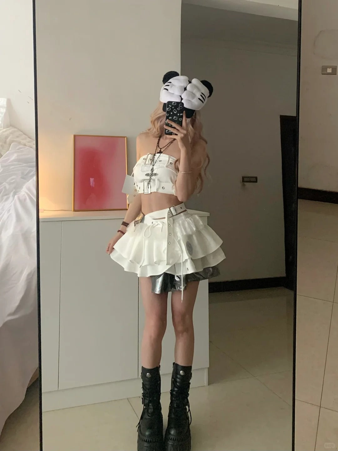 White Lace Bustier and Layered Ruffle Skirt Y2K Two Pieces Sets