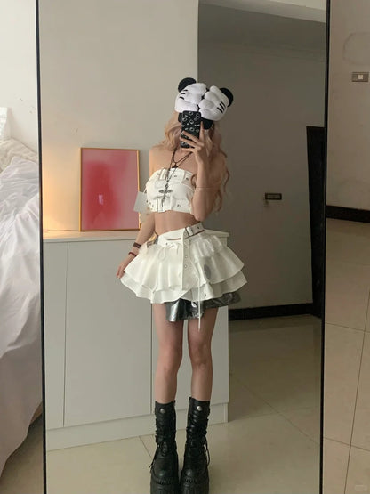 White Lace Bustier and Layered Ruffle Skirt Y2K Two Pieces Sets