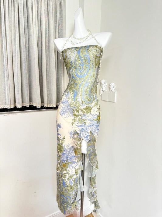 women tube top green plants print midi dress