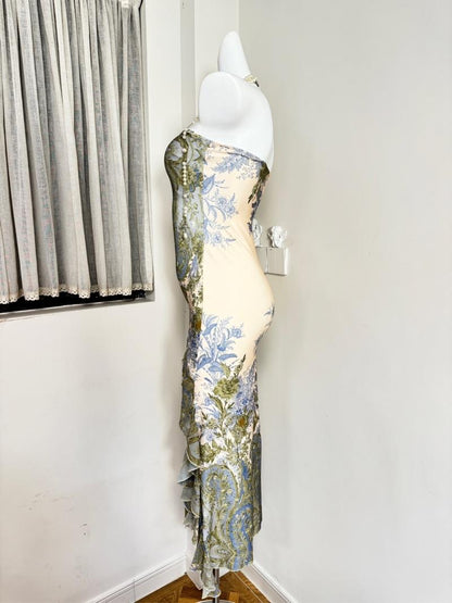 women tube top green plants print midi dress
