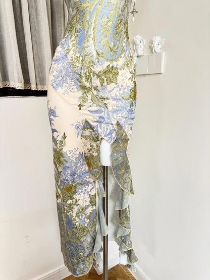 women tube top green plants print midi dress