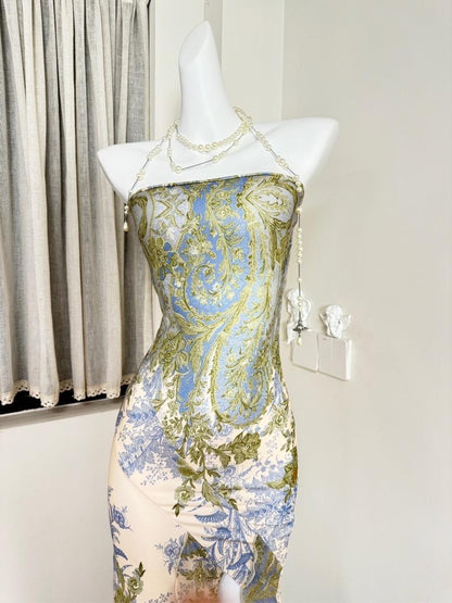 women tube top green plants print midi dress