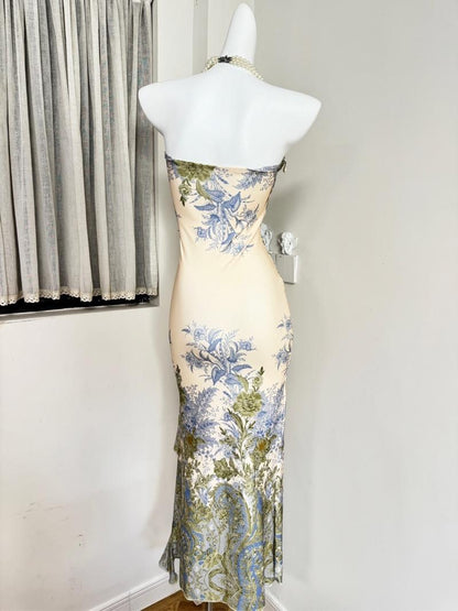 women tube top green plants print midi dress