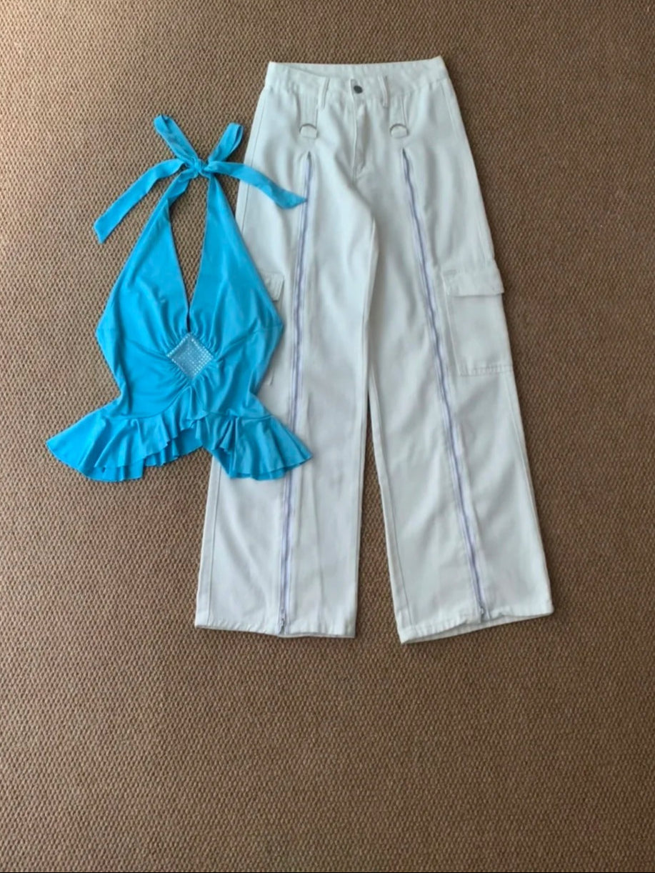 Blue Halter Backless Top and White Pants Y2K Two Pieces Sets
