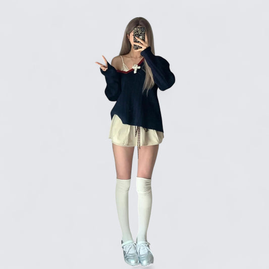 Navy Off-Shoulder Sweater and Ivory Drawstring Shorts Y2K Two Pieces Sets