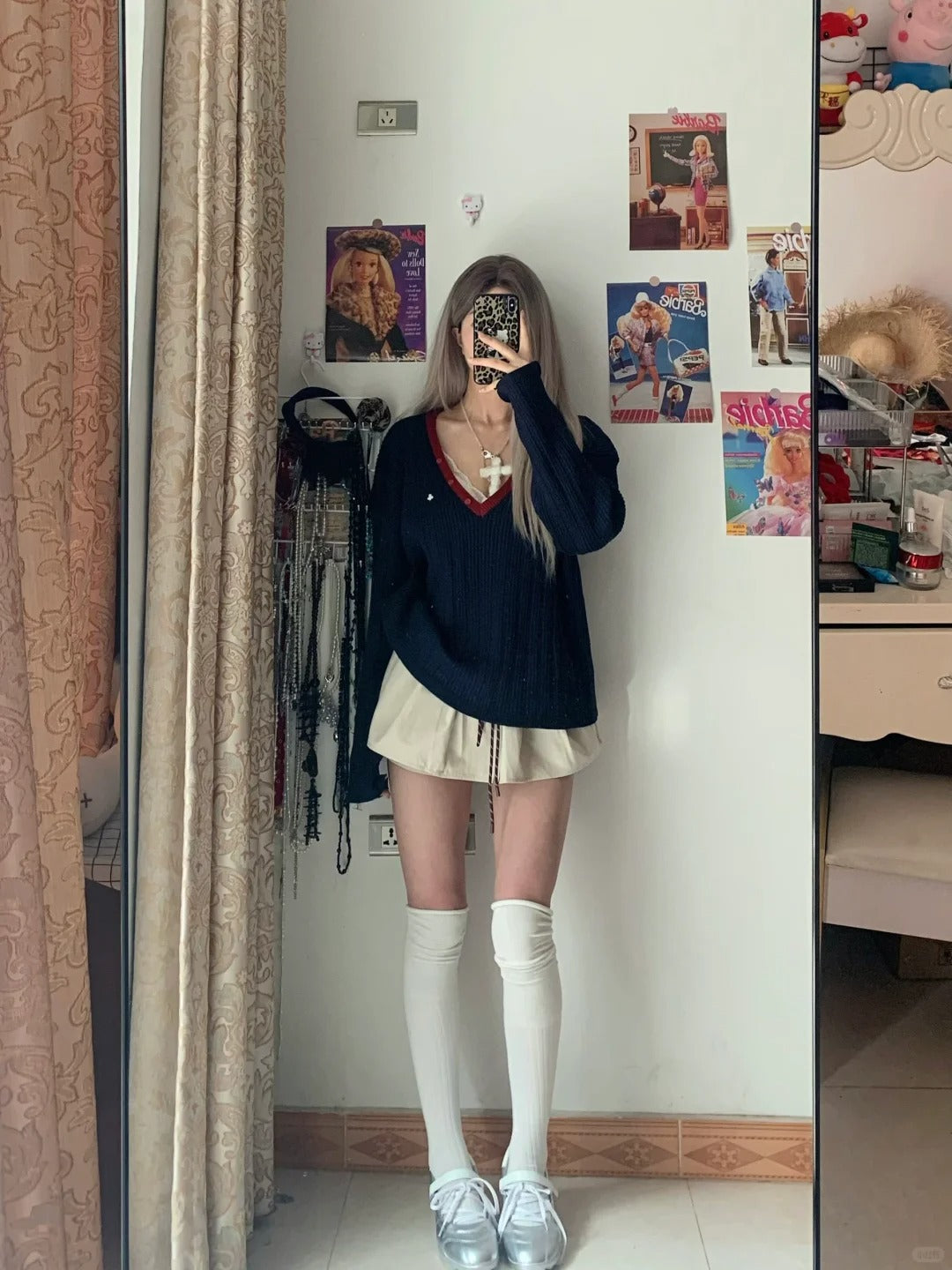 Navy Off-Shoulder Sweater and Ivory Drawstring Shorts Y2K Two Pieces Sets