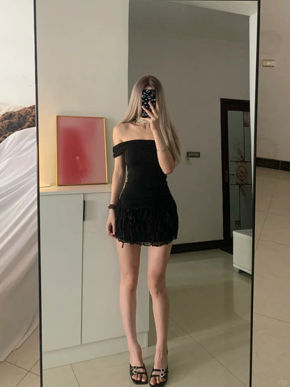 Black One Shoulder Lace Ruffle Mini Dress Y2K Mini Dress