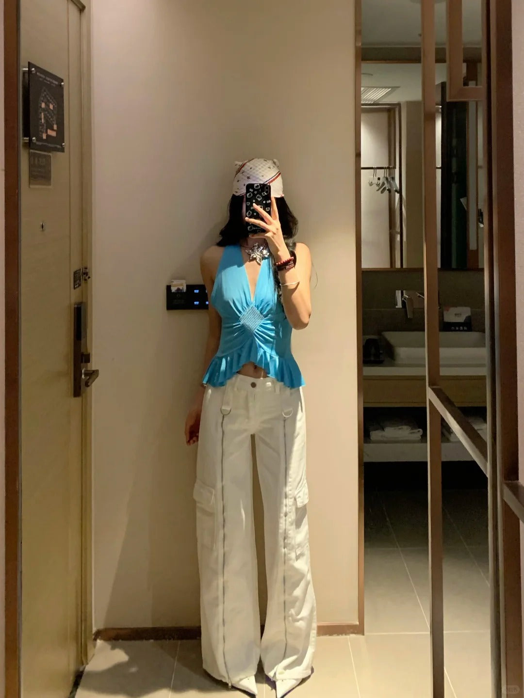 Blue Halter Backless Top and White Pants Y2K Two Pieces Sets