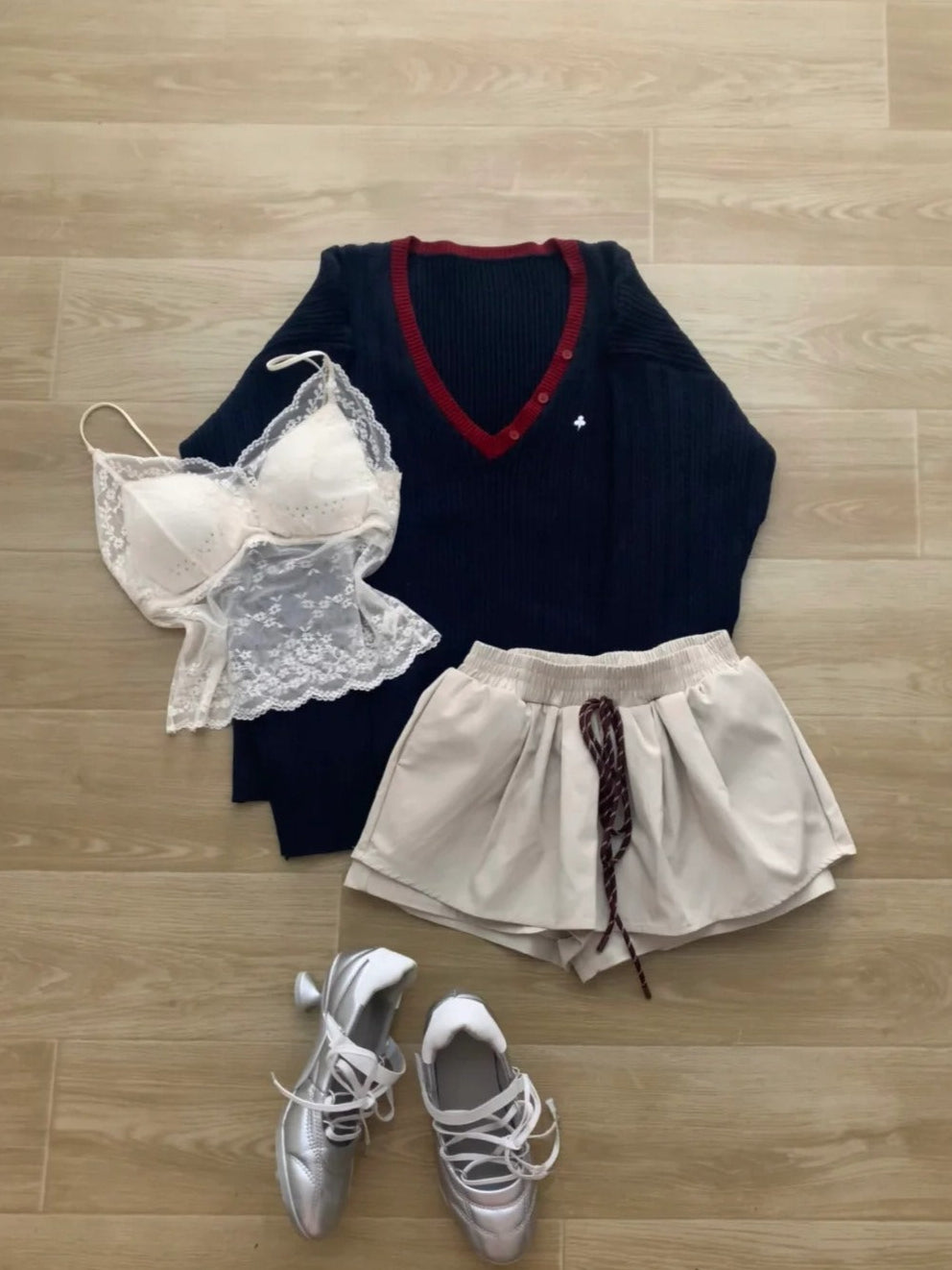 Navy Off-Shoulder Sweater and Ivory Drawstring Shorts Y2K Two Pieces Sets