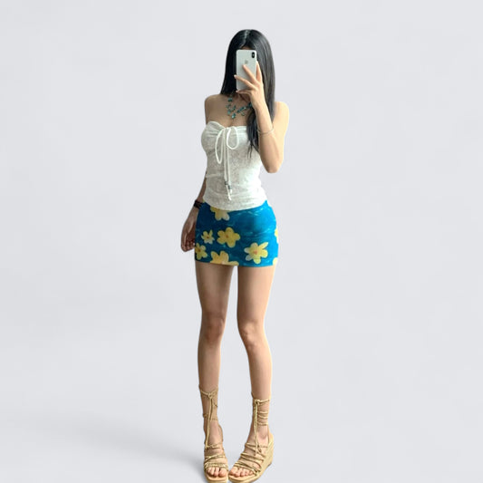 White Lace Tube Top and Blue Floral Skirt Y2K Two Pieces Sets