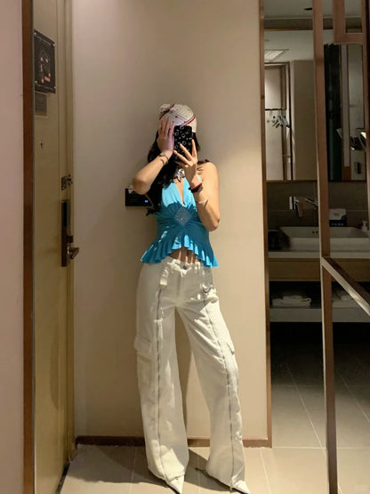 Blue Halter Backless Top and White Pants Y2K Two Pieces Sets
