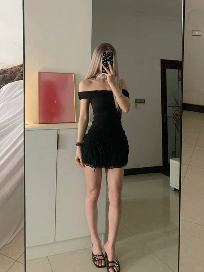 Black One Shoulder Lace Ruffle Mini Dress Y2K Mini Dress