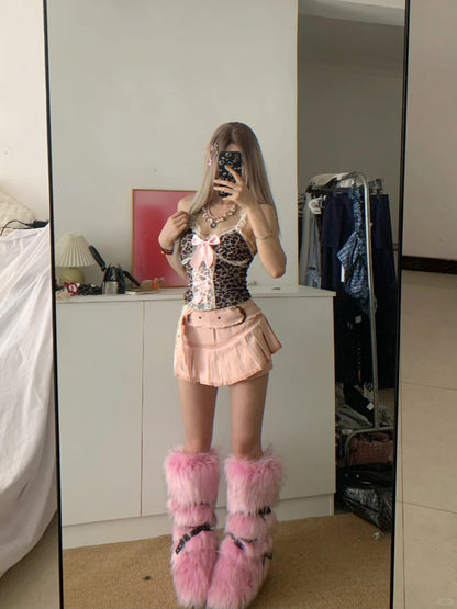 Brown Leopard Lace Bow Top and Pink Denim Skirt Y2K Two Pieces Sets