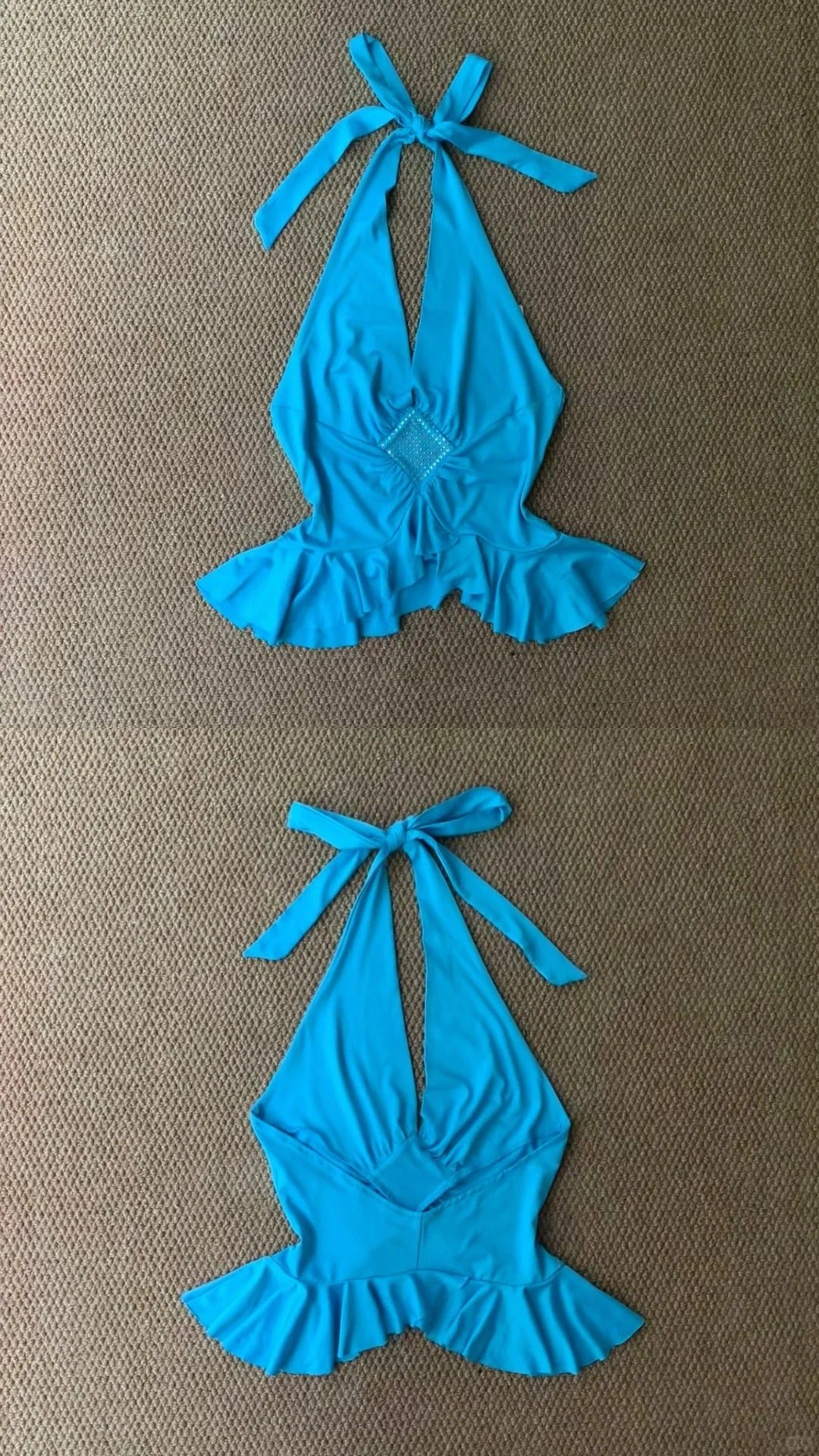 Blue Halter Backless Top and White Pants Y2K Two Pieces Sets