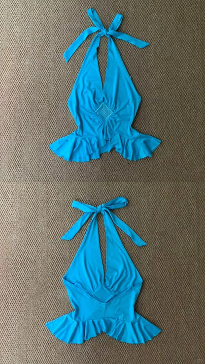 Blue Halter Backless Top and White Pants Y2K Two Pieces Sets